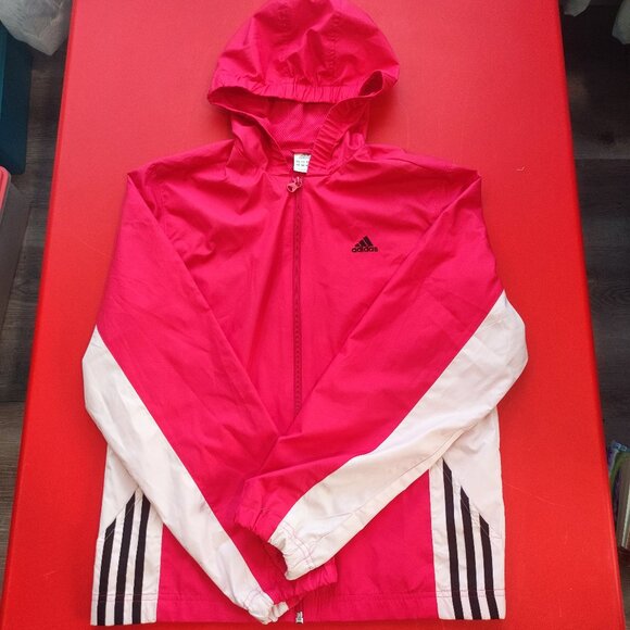Adidas hooded windbreaker pink white  3 black stripes women's junior size L 14 - Picture 1 of 5